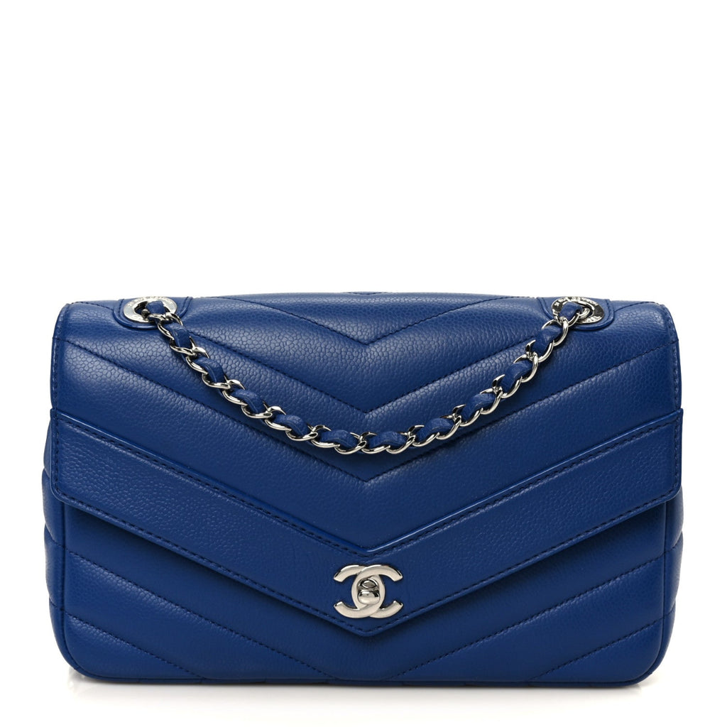 Caviar Chevron Quilted Single Flap Blue