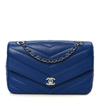 Caviar Chevron Quilted Single Flap Blue