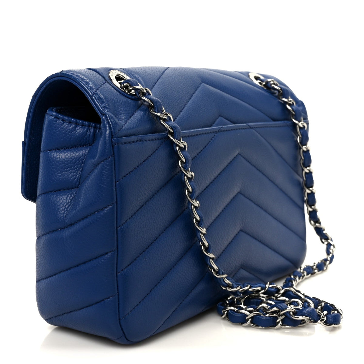Caviar Chevron Quilted Single Flap Blue