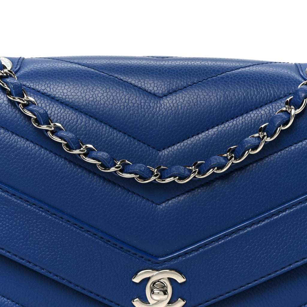Caviar Chevron Quilted Single Flap Blue