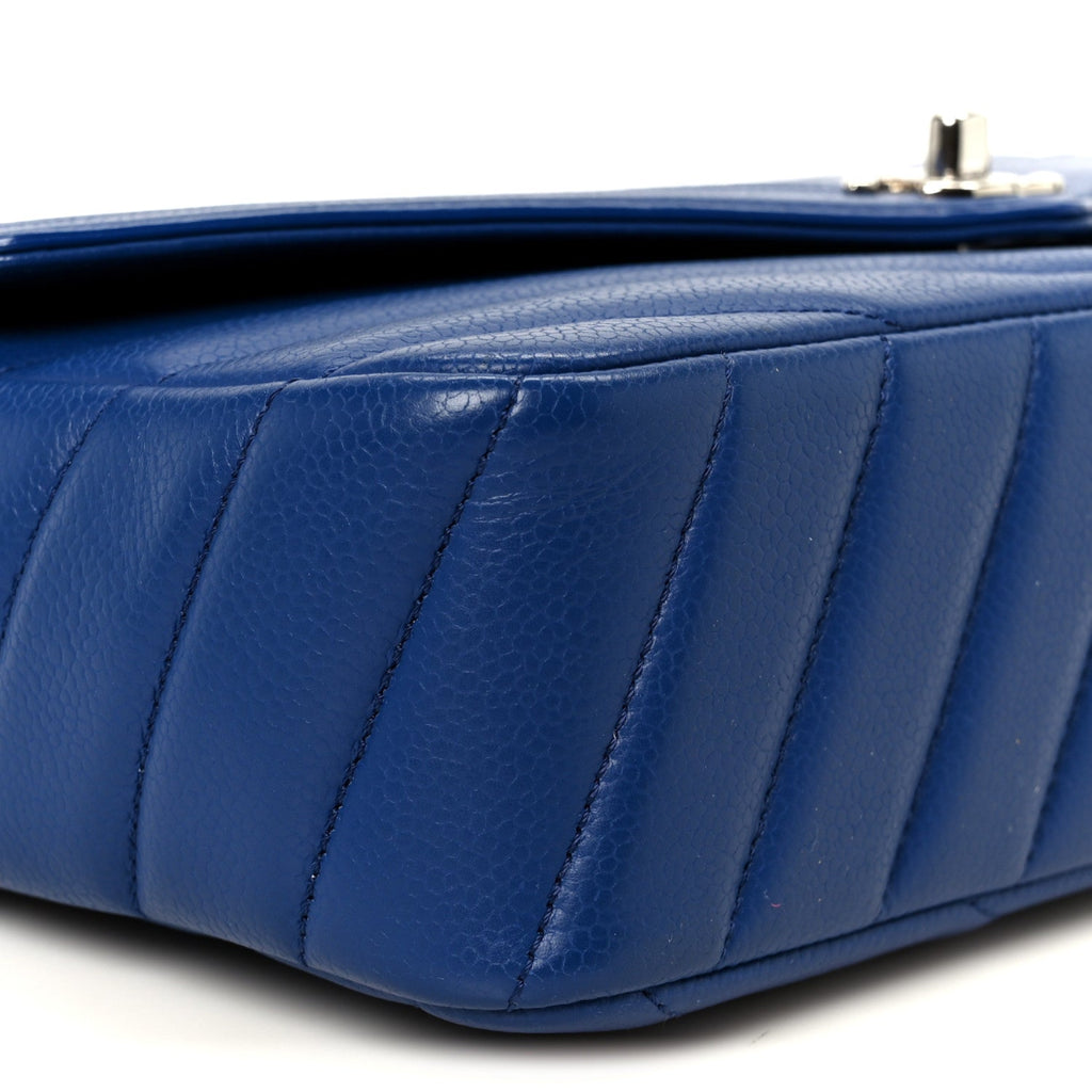 Caviar Chevron Quilted Single Flap Blue