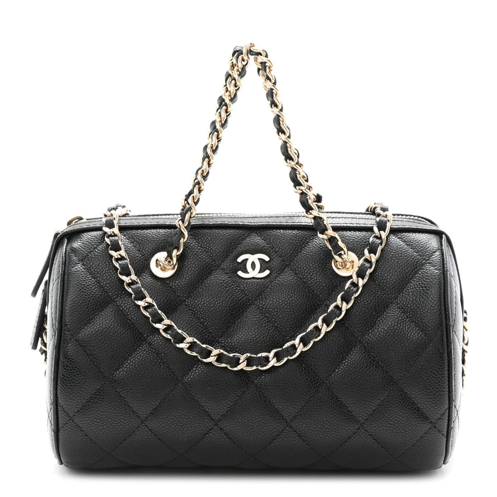 Caviar Quilted Barrel Clutch With Chain Black