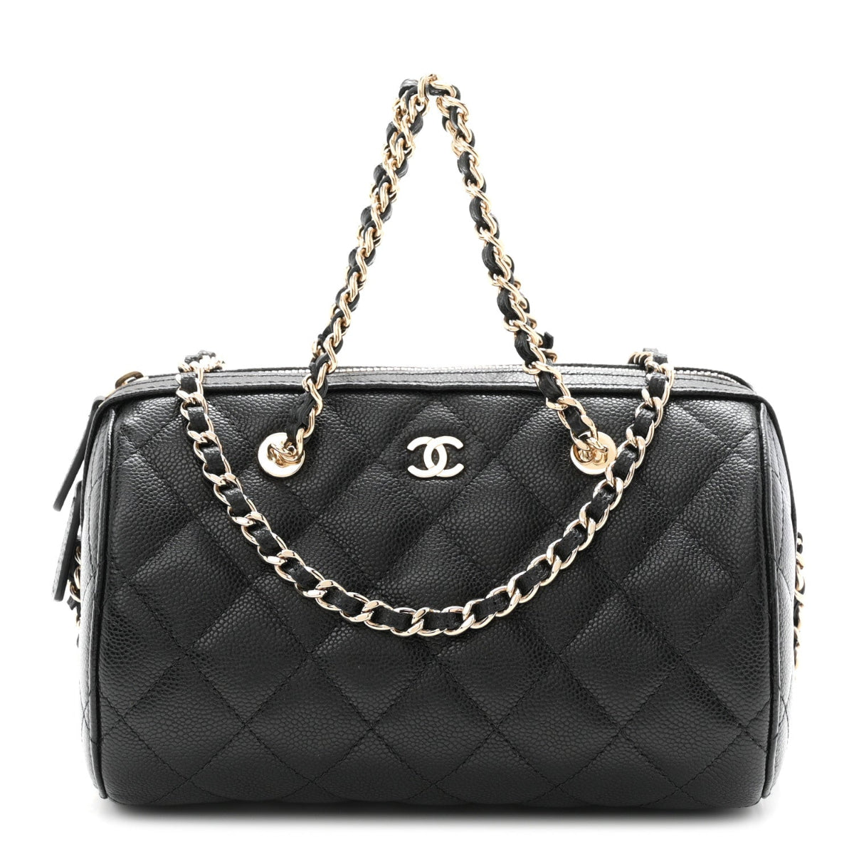 Caviar Quilted Barrel Clutch With Chain Black