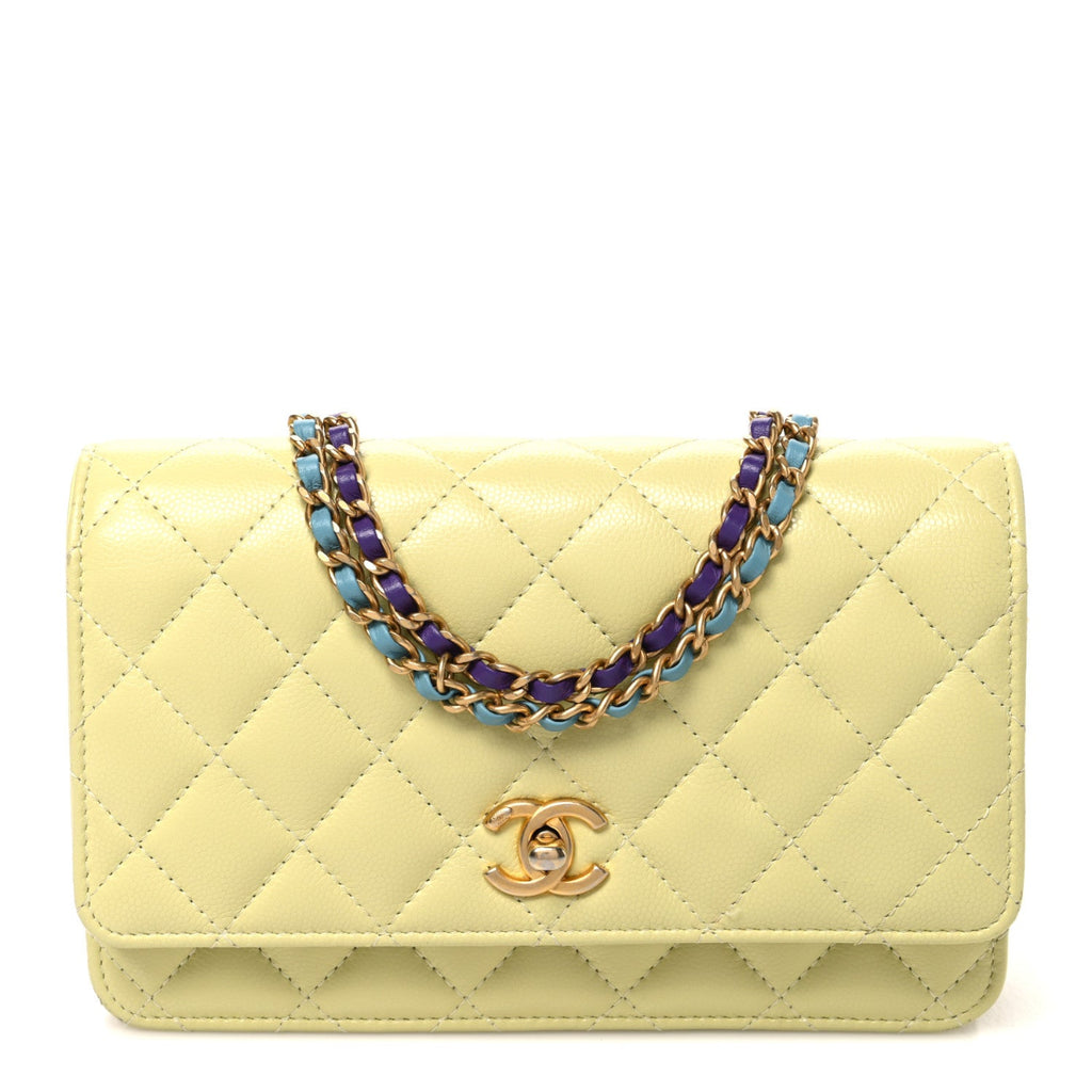 Caviar Quilted CC Turn Lock Wallet On Chain WOC Light Yellow