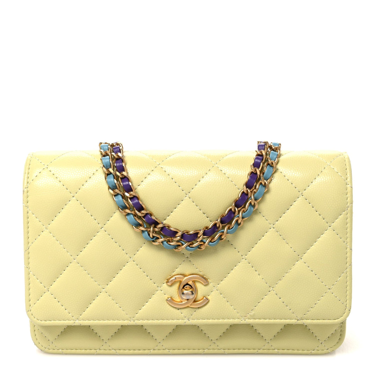Caviar Quilted CC Turn Lock Wallet On Chain WOC Light Yellow