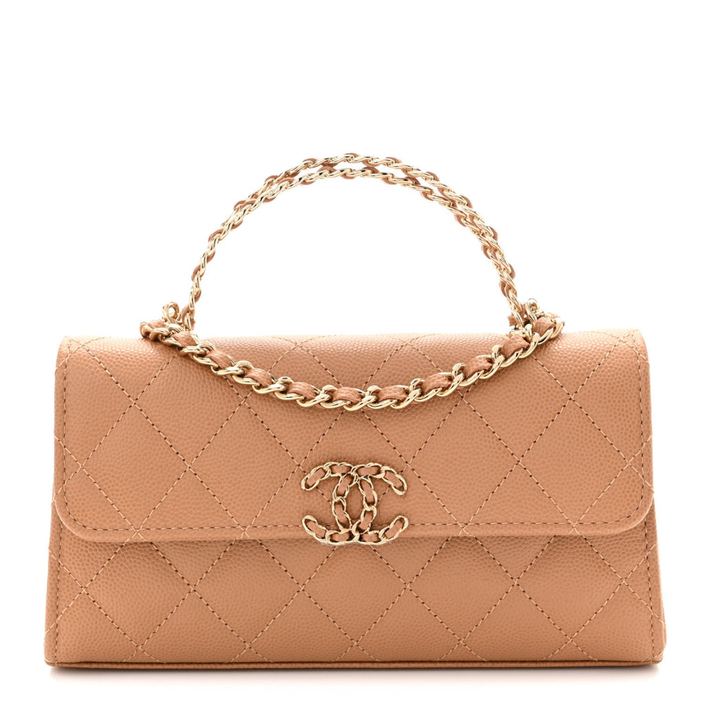 Caviar Quilted Chain Match Top Handle Phone Holder With Chain Beige