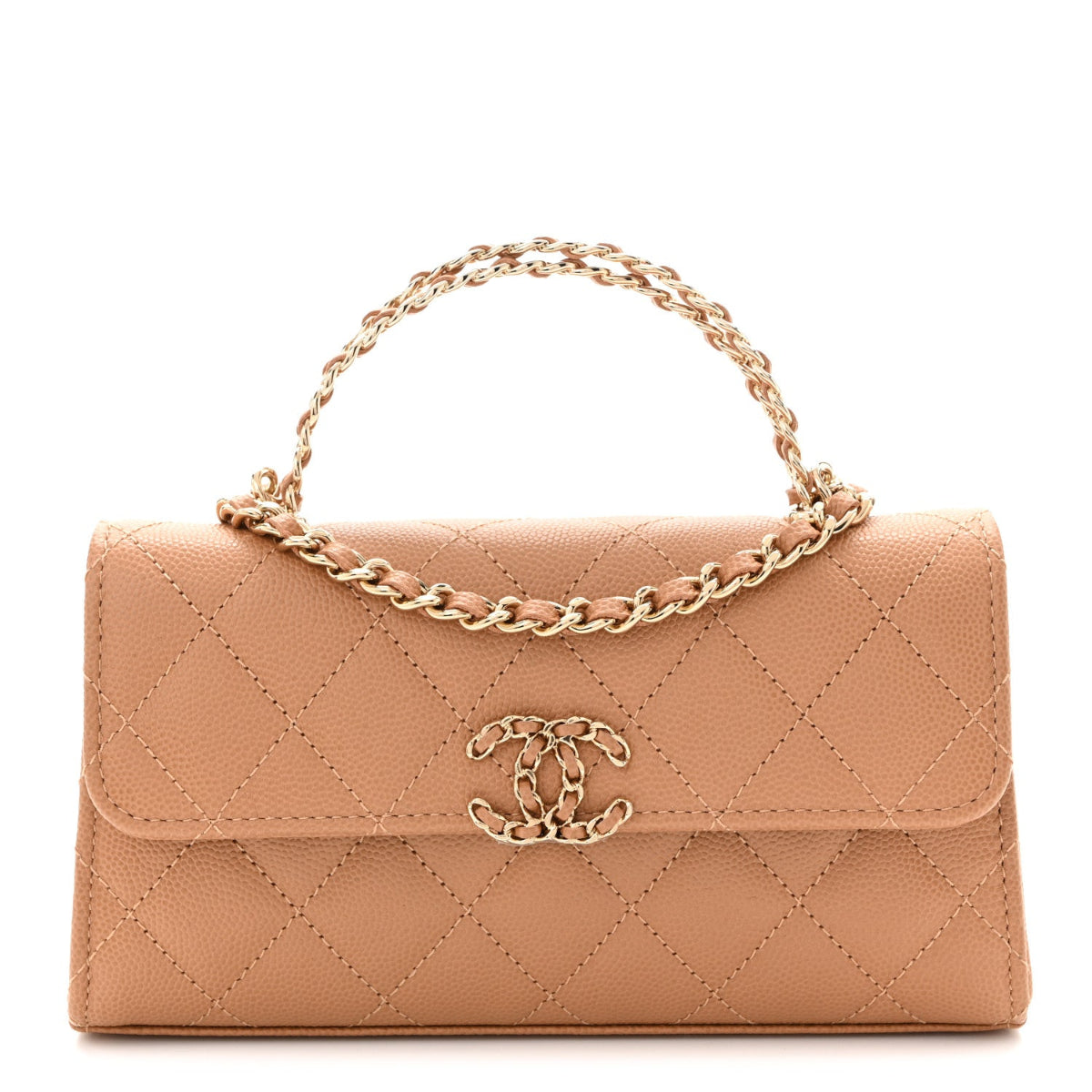 Caviar Quilted Chain Match Top Handle Phone Holder With Chain Beige