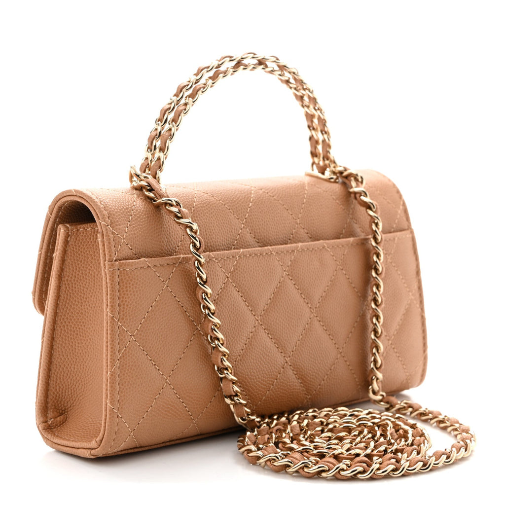 Caviar Quilted Chain Match Top Handle Phone Holder With Chain Beige