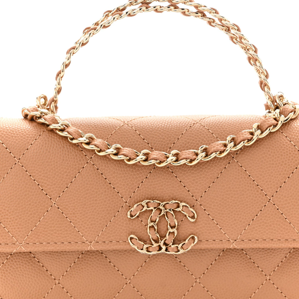 Caviar Quilted Chain Match Top Handle Phone Holder With Chain Beige