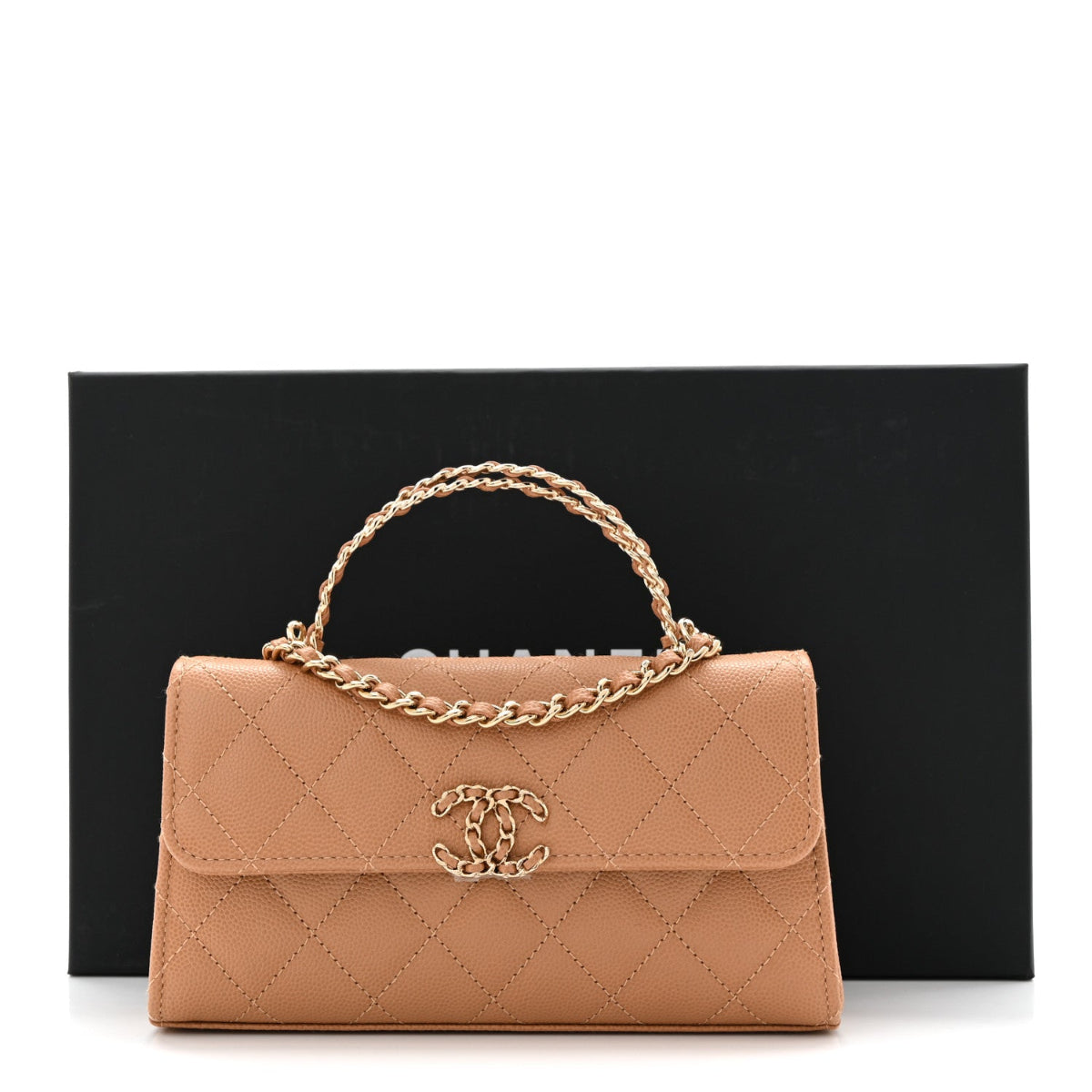 Caviar Quilted Chain Match Top Handle Phone Holder With Chain Beige