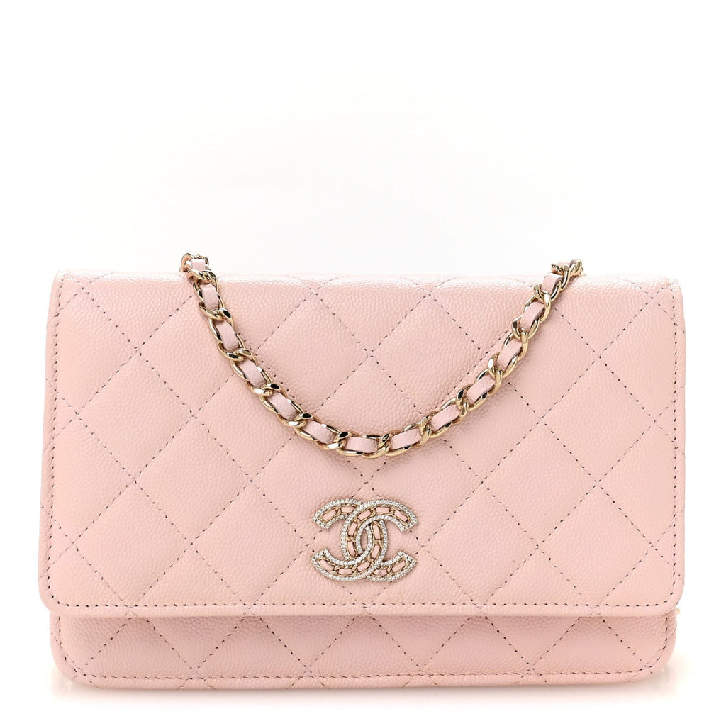 Caviar Quilted Crystal CC Wallet On Chain WOC Light Pink