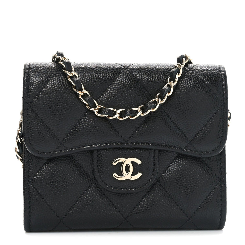 Caviar Quilted Flap Card Holder On Chain Black