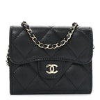 Caviar Quilted Flap Card Holder On Chain Black