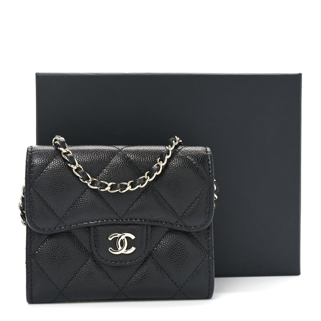 Caviar Quilted Flap Card Holder On Chain Black
