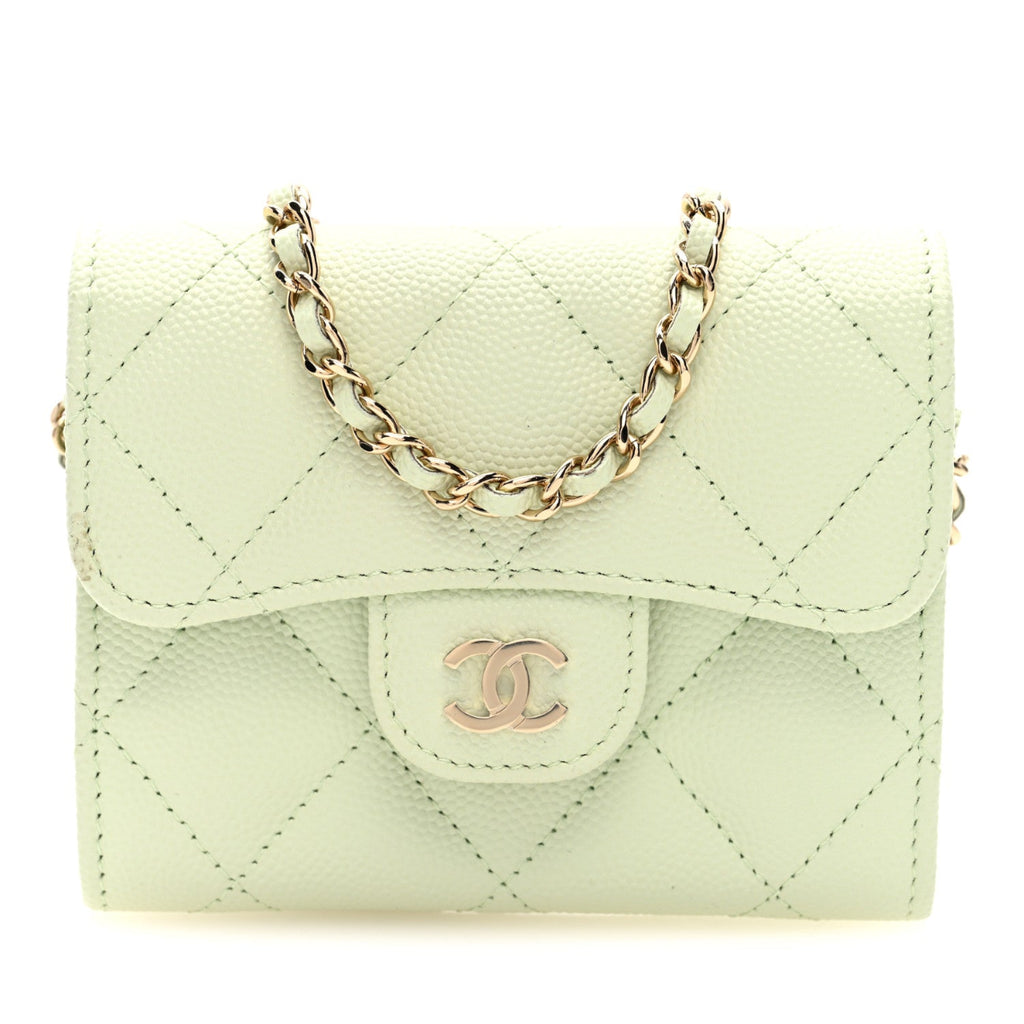 Caviar Quilted Flap Card Holder On Chain Light Green