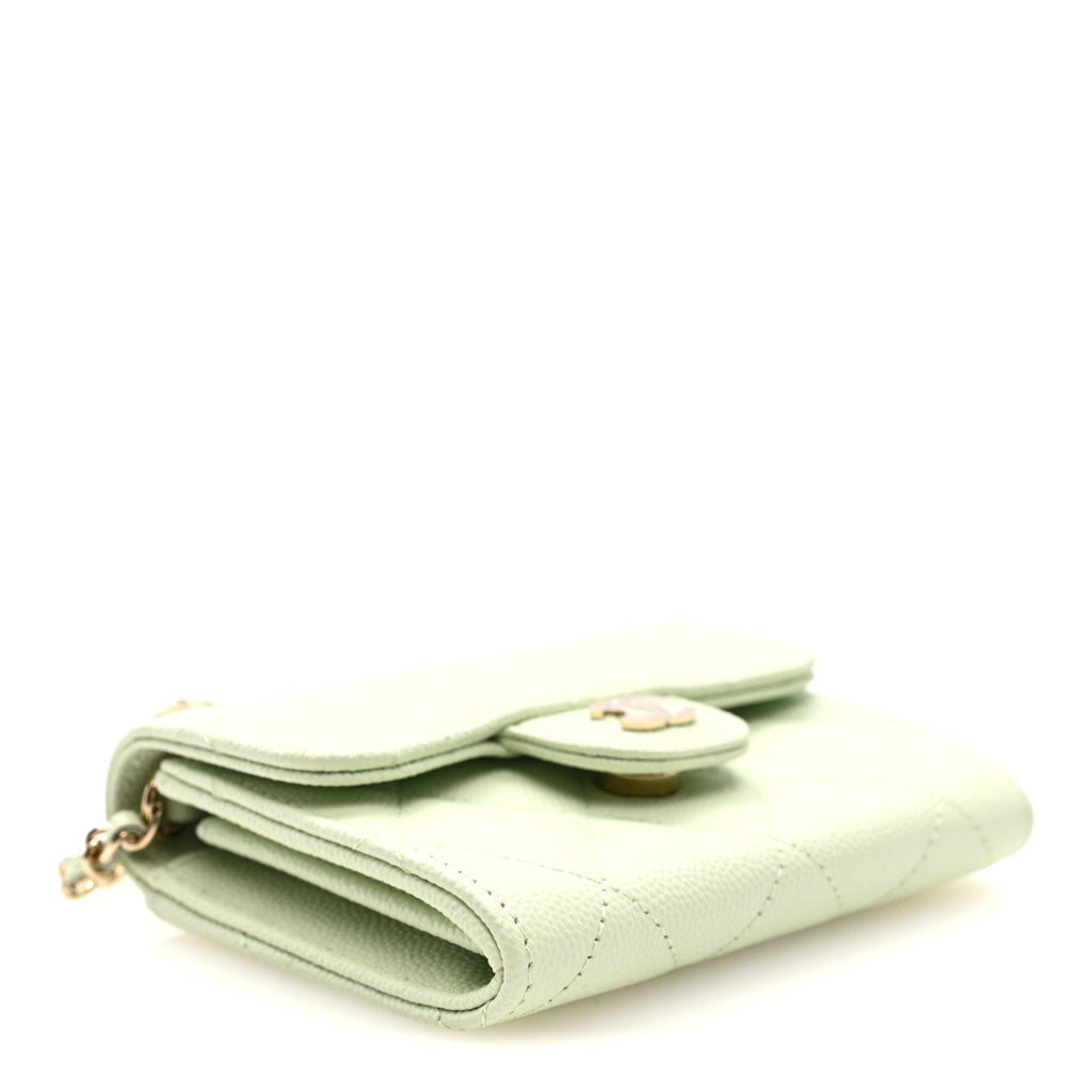Caviar Quilted Flap Card Holder On Chain Light Green