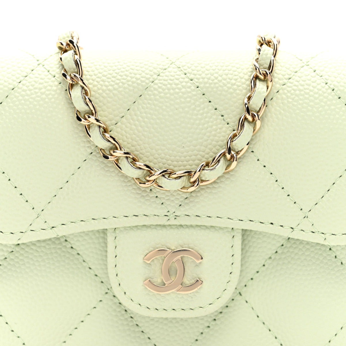 Caviar Quilted Flap Card Holder On Chain Light Green