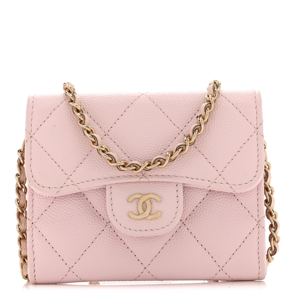 Caviar Quilted Flap Card Holder On Chain Pink
