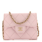 Caviar Quilted Flap Card Holder On Chain Pink