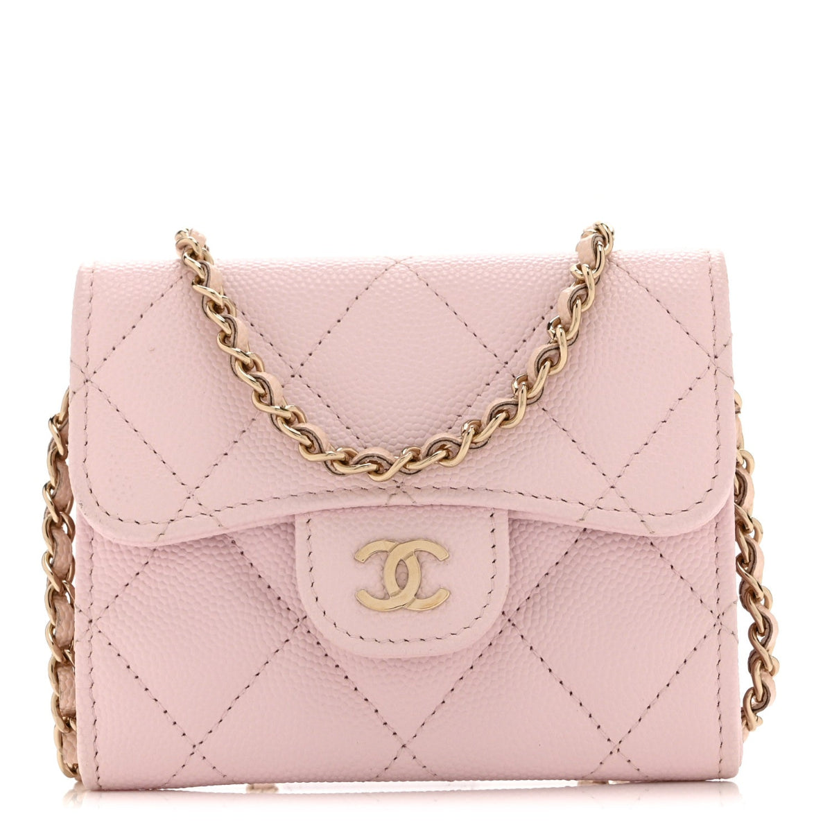 Caviar Quilted Flap Card Holder On Chain Pink