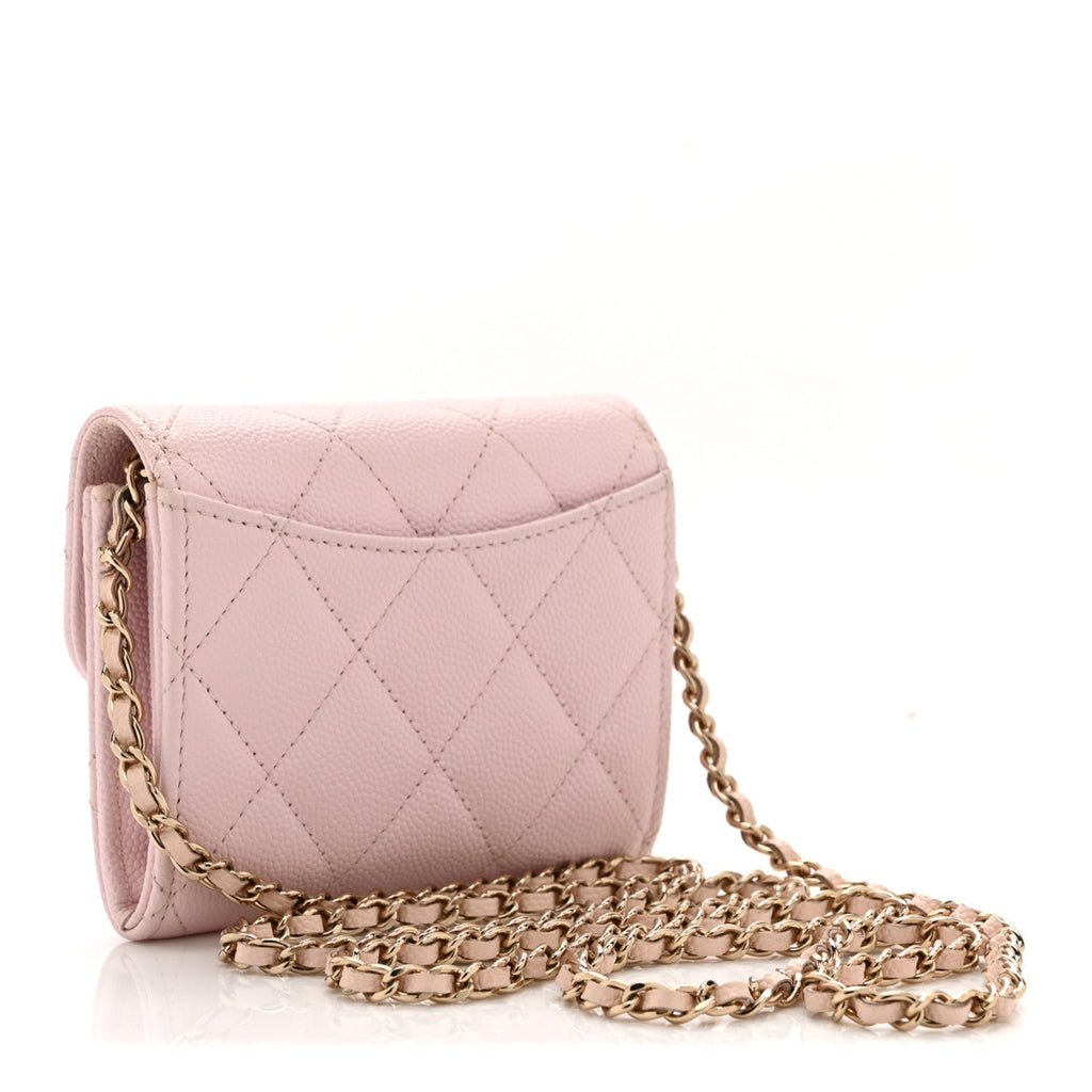 Caviar Quilted Flap Card Holder On Chain Pink