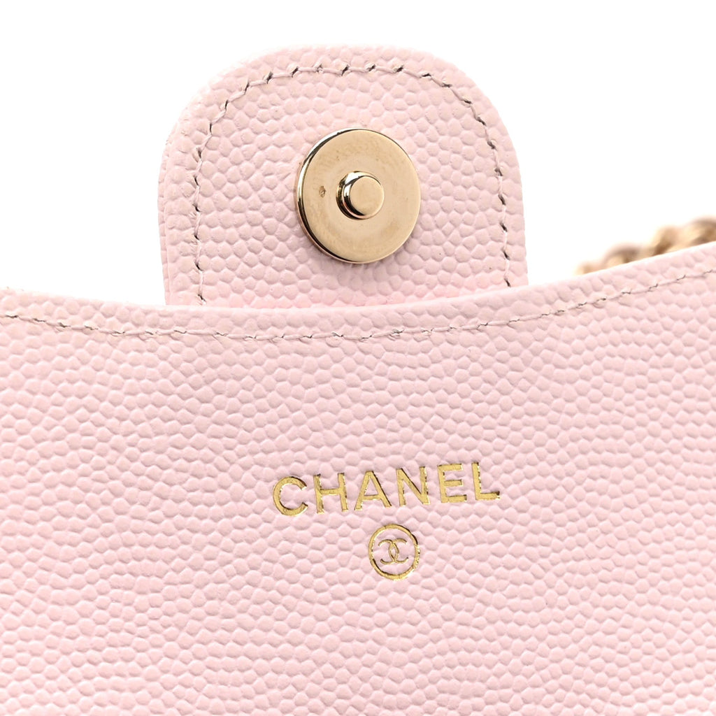 Caviar Quilted Flap Card Holder On Chain Pink