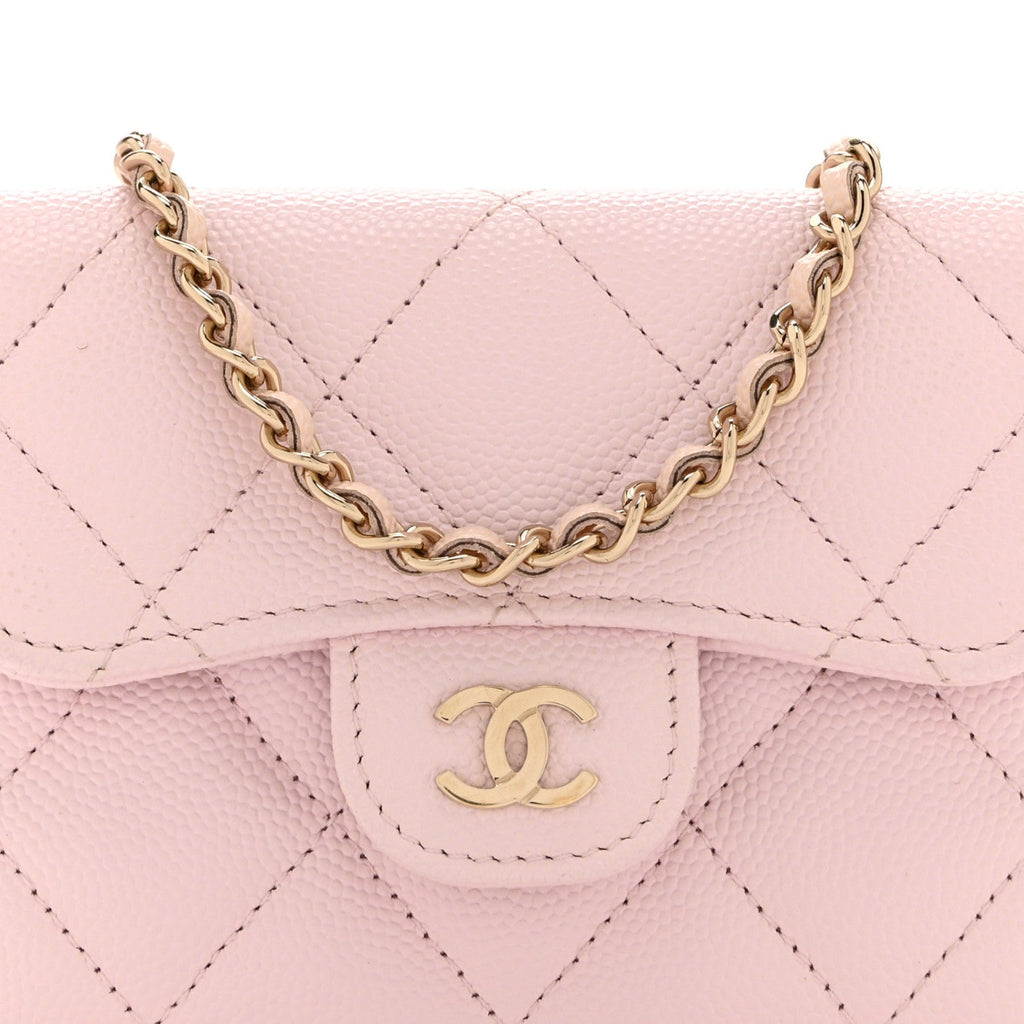 Caviar Quilted Flap Card Holder On Chain Pink