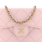 Caviar Quilted Flap Card Holder On Chain Pink