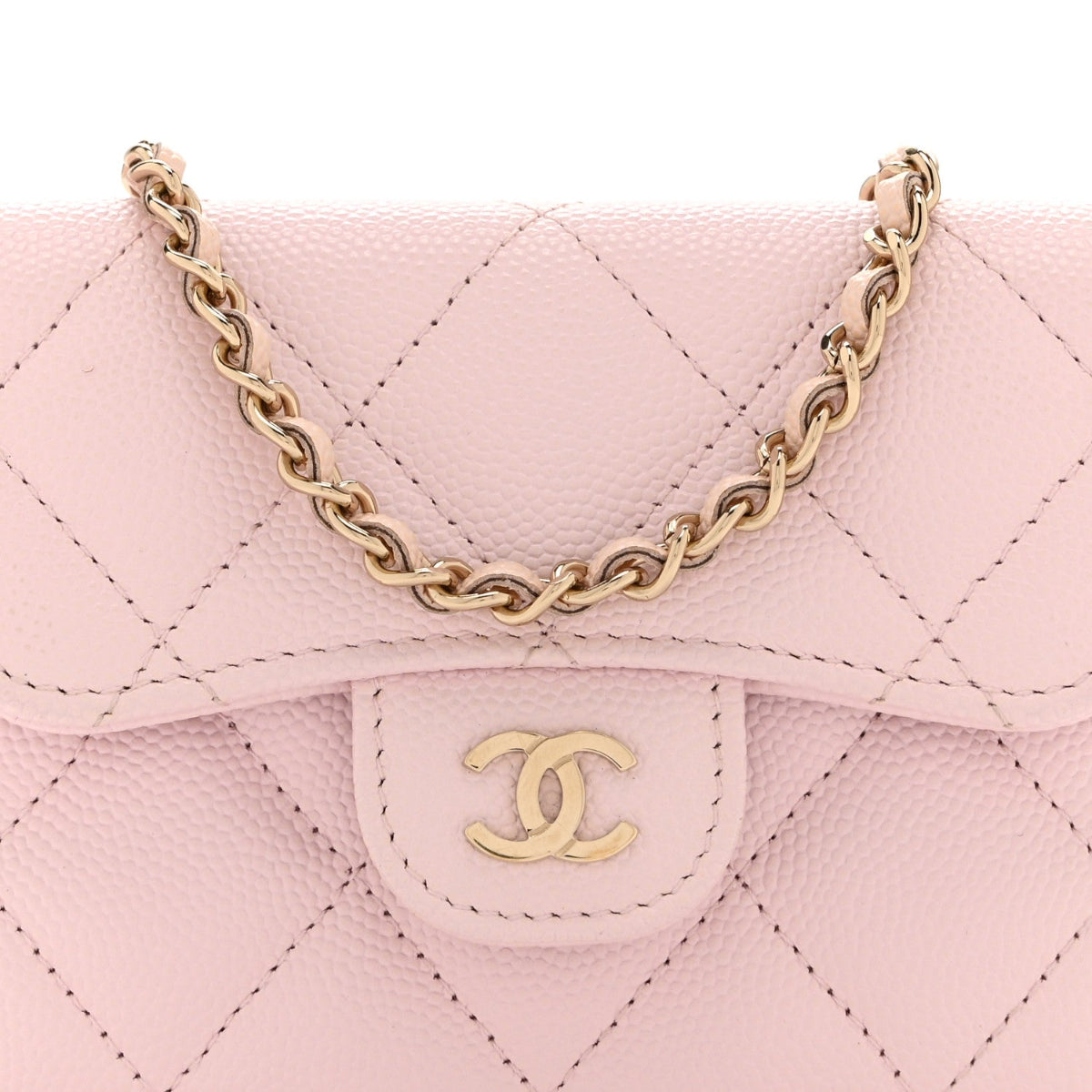 Caviar Quilted Flap Card Holder On Chain Pink