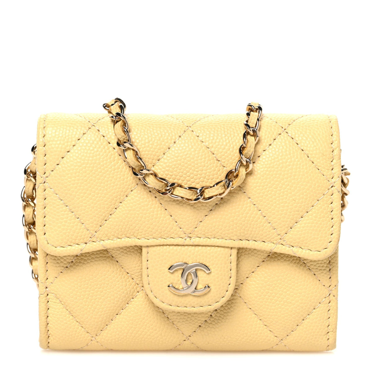 Caviar Quilted Flap Card Holder On Chain Yellow