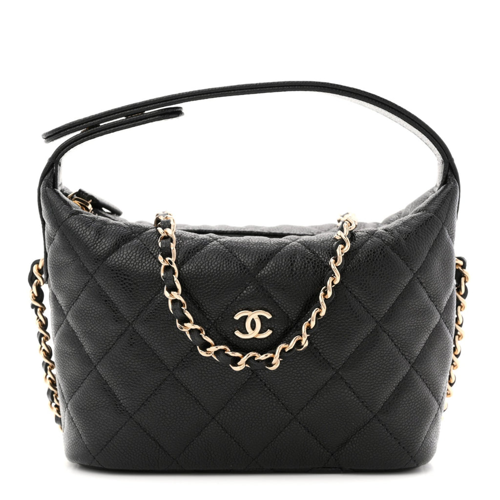 Caviar Quilted Hobo Clutch With Chain Black