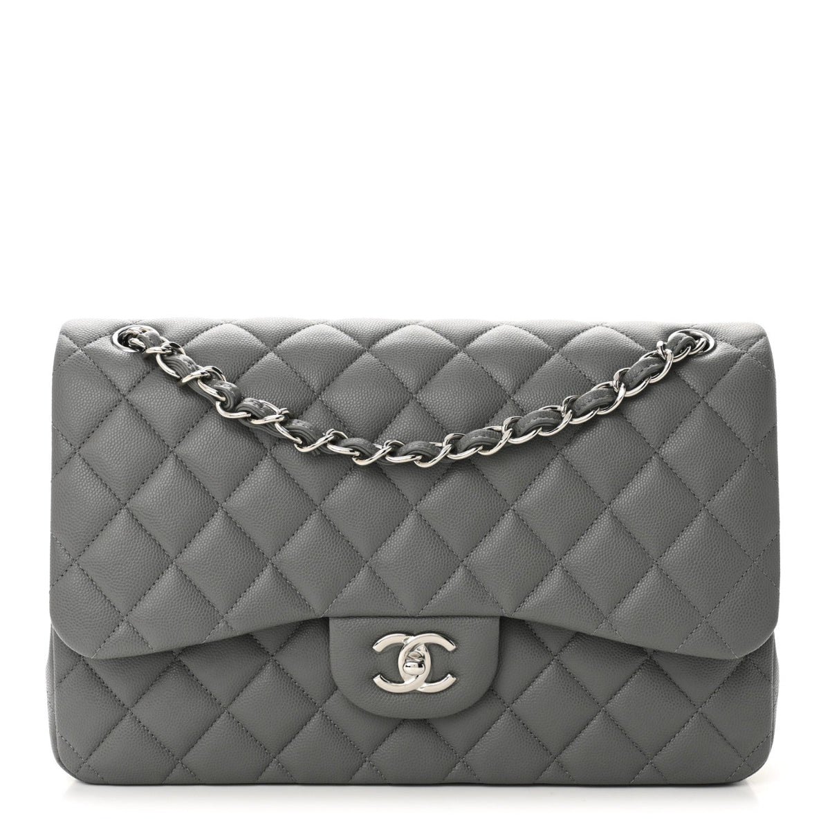 Caviar Quilted Jumbo Double Flap Grey