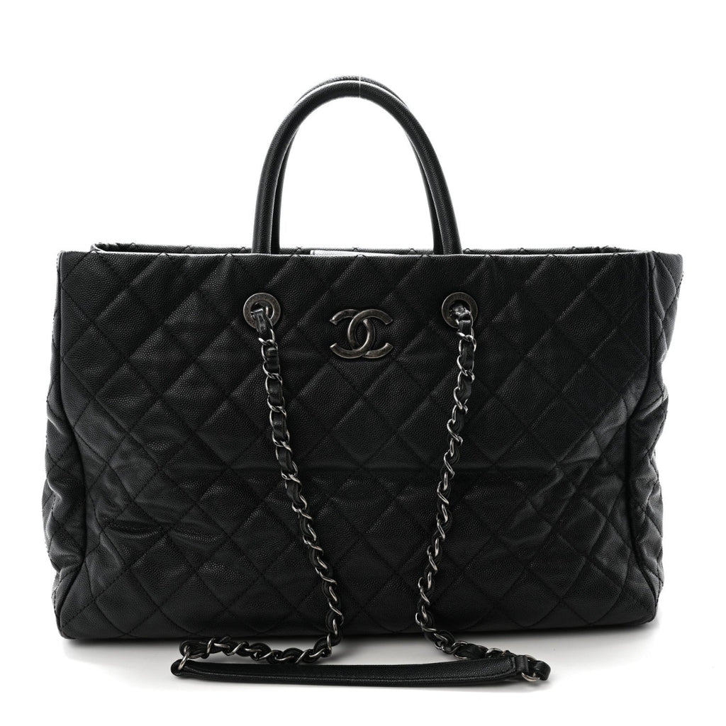 Caviar Quilted Large Coco Handle Shopping Tote Black