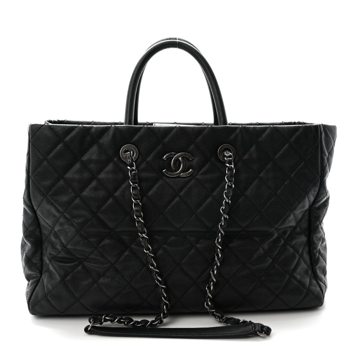 Caviar Quilted Large Coco Handle Shopping Tote Black