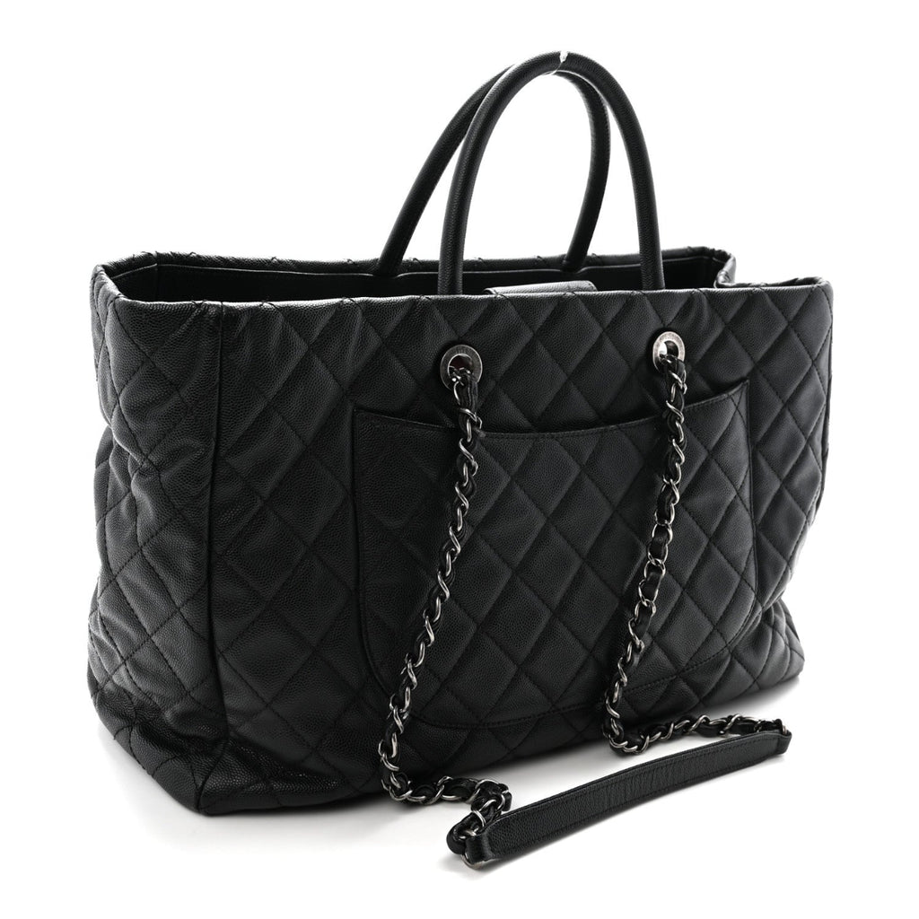 Caviar Quilted Large Coco Handle Shopping Tote Black