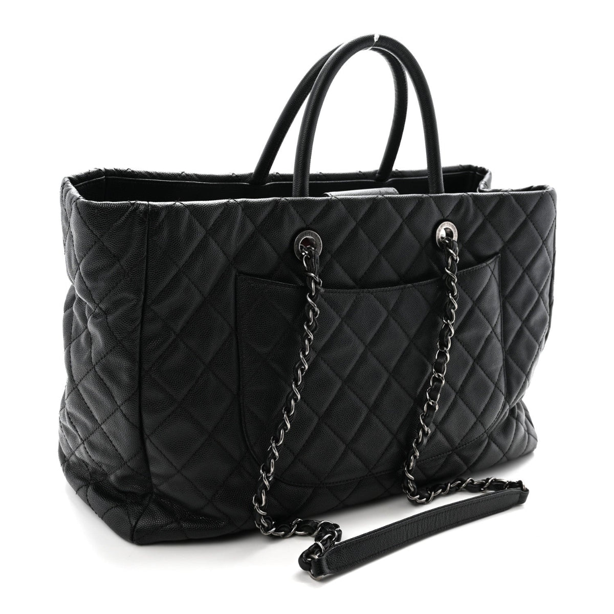 Caviar Quilted Large Coco Handle Shopping Tote Black
