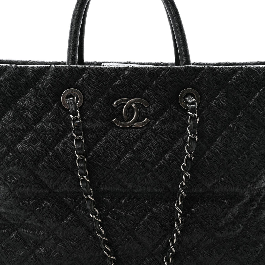 Caviar Quilted Large Coco Handle Shopping Tote Black