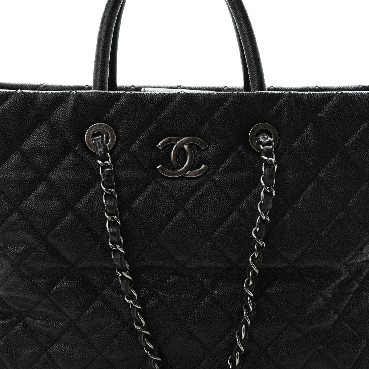 Caviar Quilted Large Coco Handle Shopping Tote Black