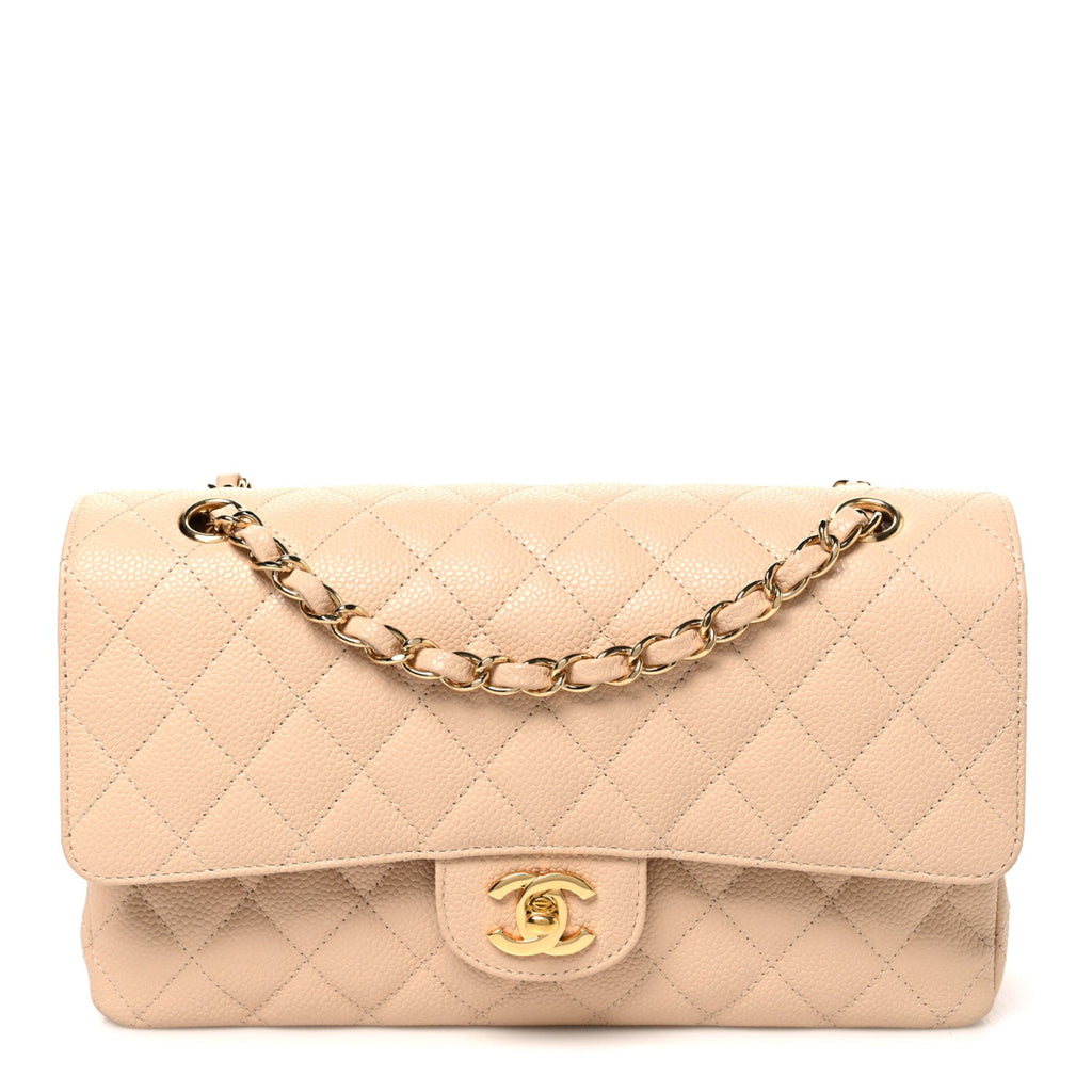 Caviar Quilted Medium Double Flap Beige Beige Clair
