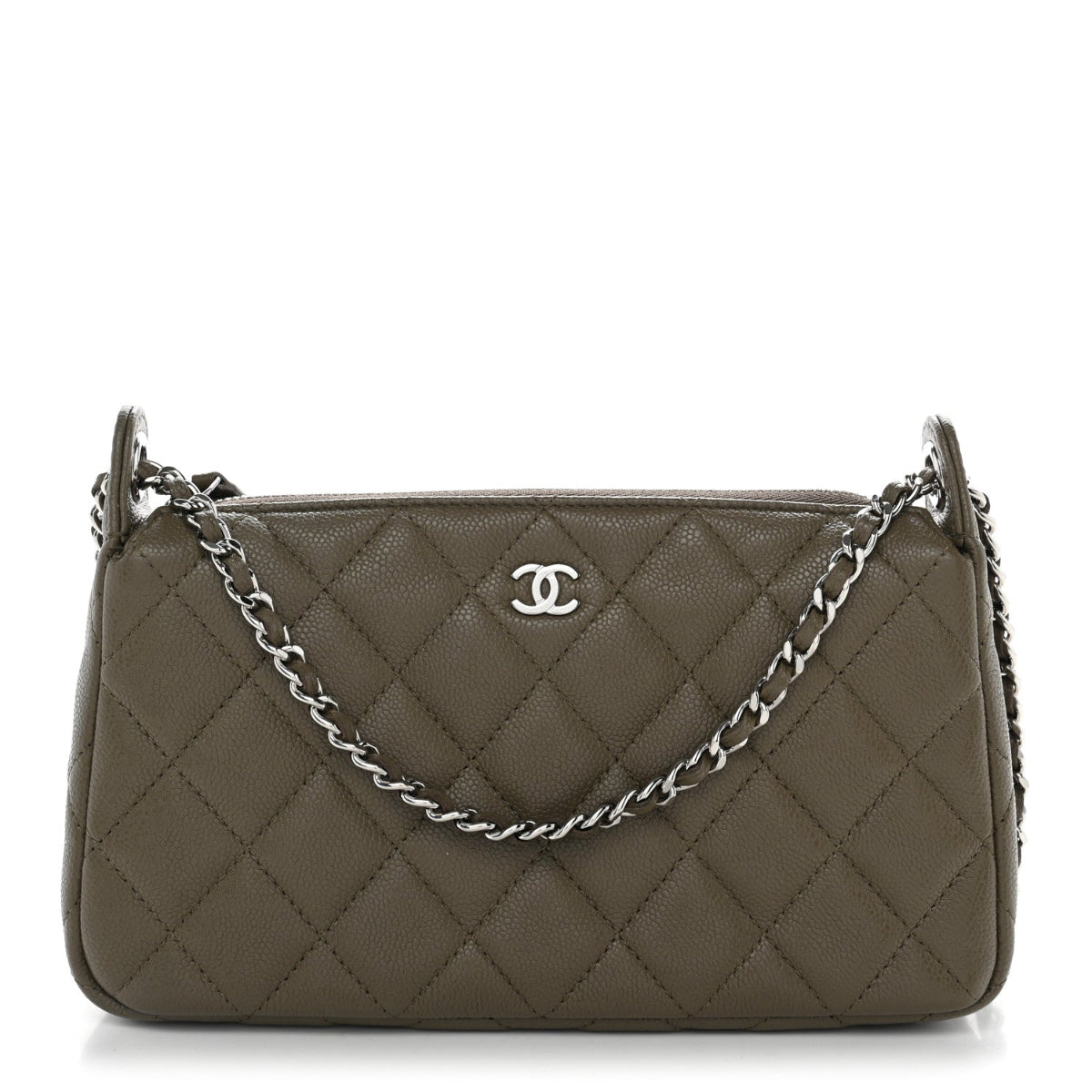 Caviar Quilted Purse With Chain Dark Khaki