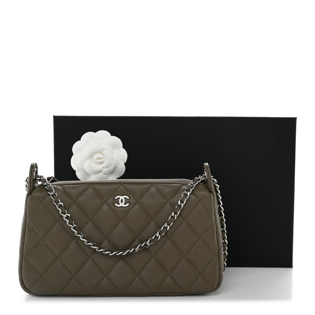 Caviar Quilted Purse With Chain Dark Khaki
