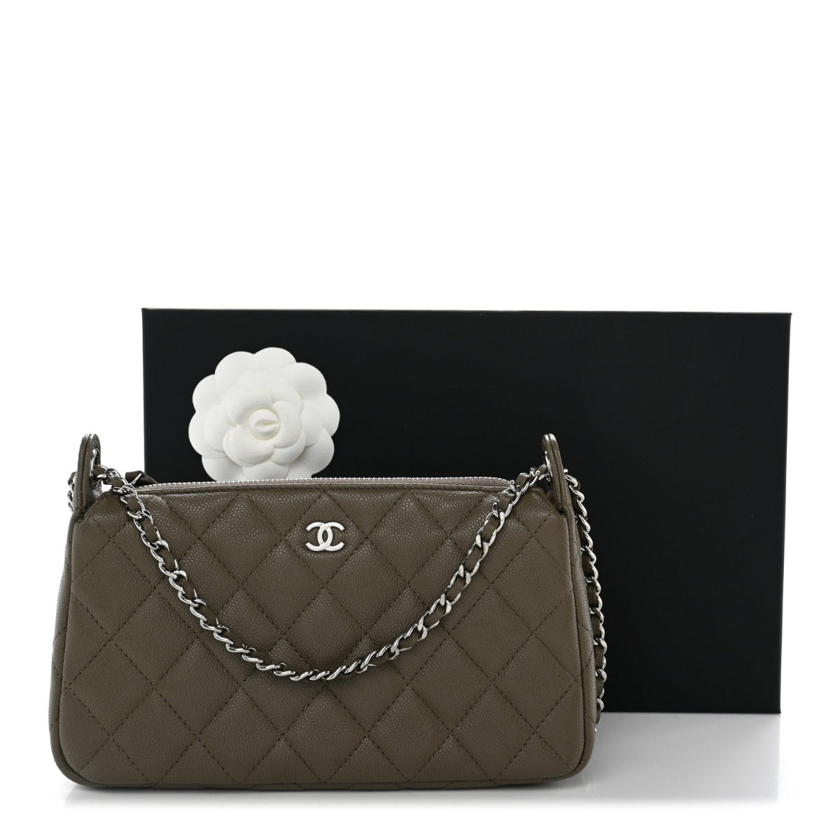 Caviar Quilted Purse With Chain Dark Khaki