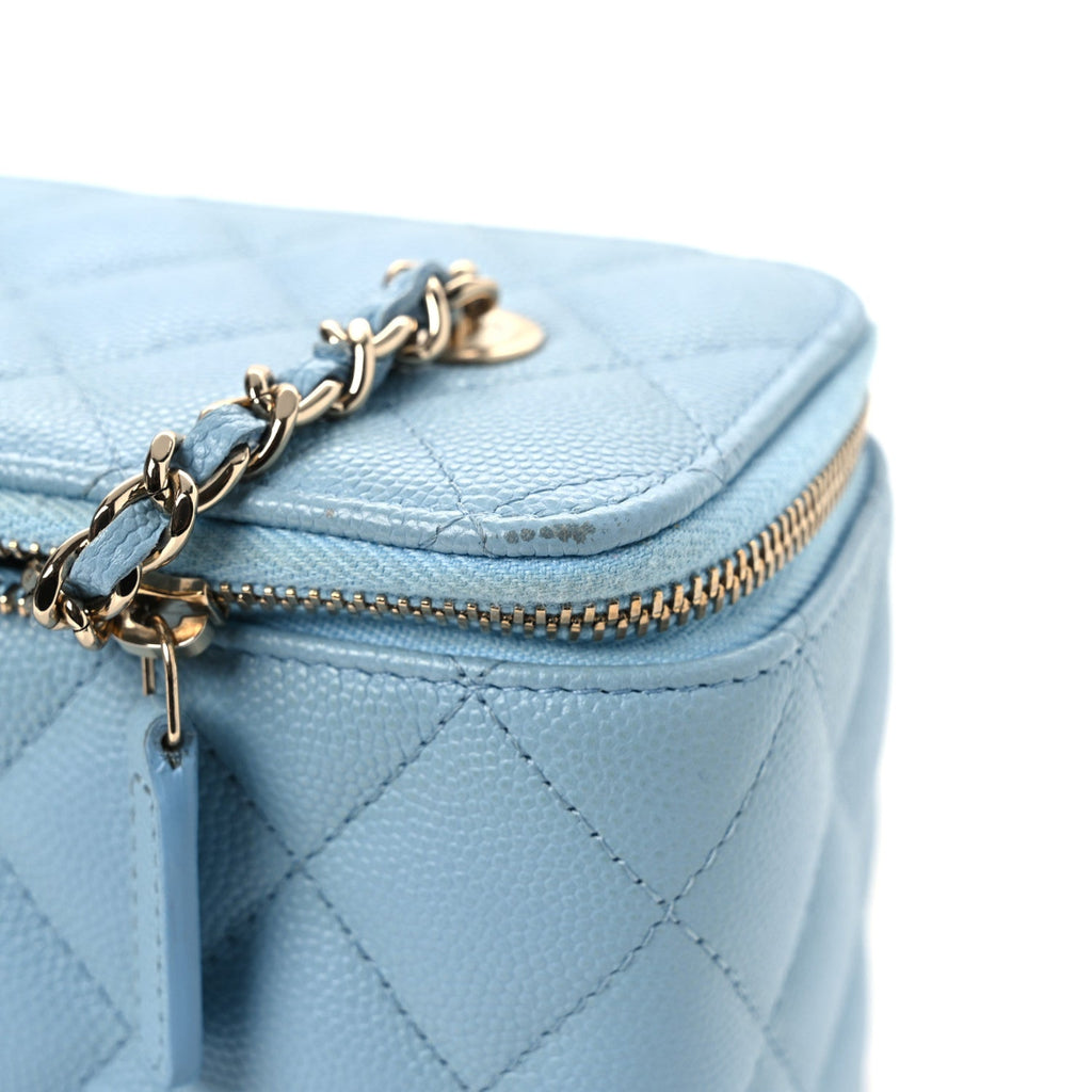 Caviar Quilted Small Tiny CC Vanity Case With Chain Light Blue