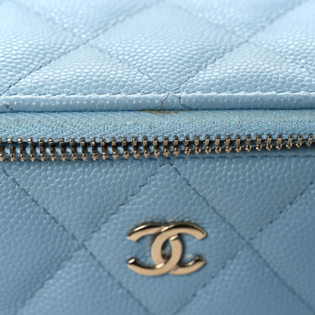 Caviar Quilted Small Tiny CC Vanity Case With Chain Light Blue