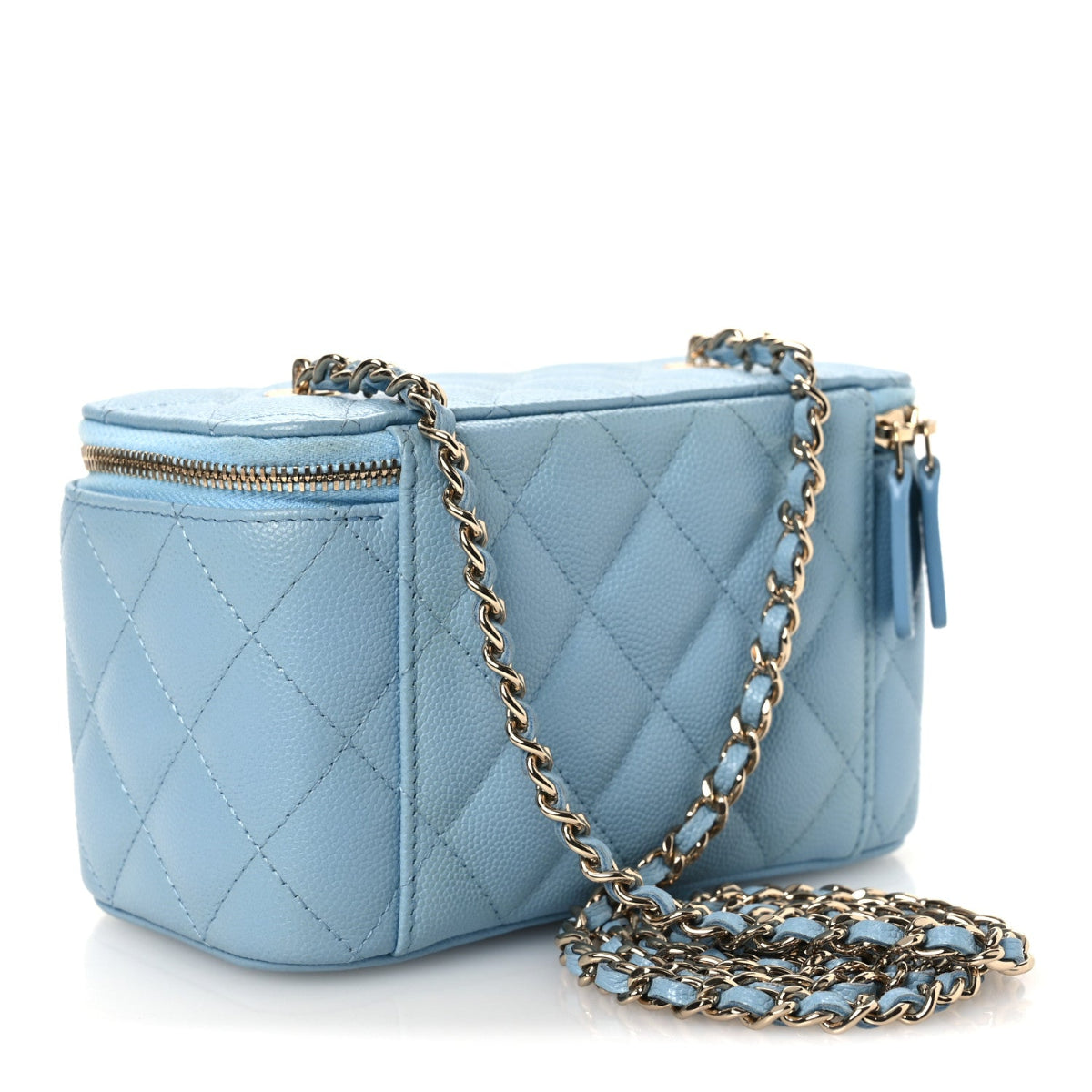 Caviar Quilted Small Tiny CC Vanity Case With Chain Light Blue