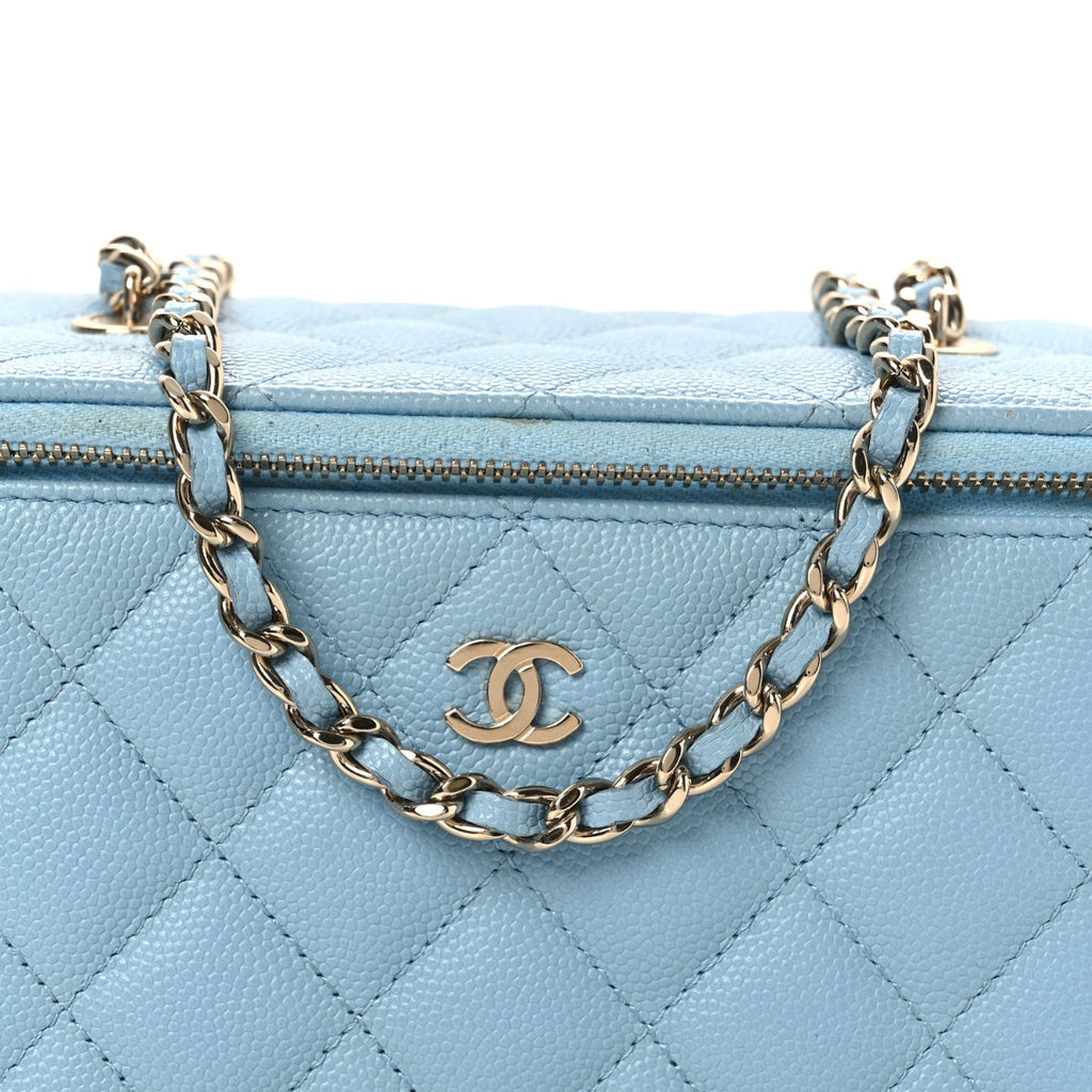 Caviar Quilted Small Tiny CC Vanity Case With Chain Light Blue