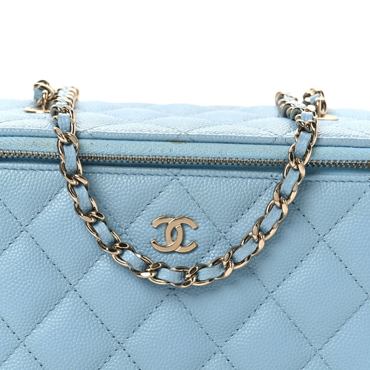 Caviar Quilted Small Tiny CC Vanity Case With Chain Light Blue