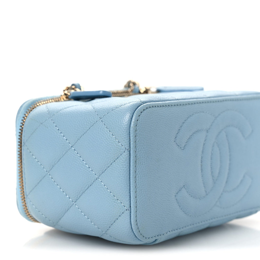 Caviar Quilted Small Tiny CC Vanity Case With Chain Light Blue