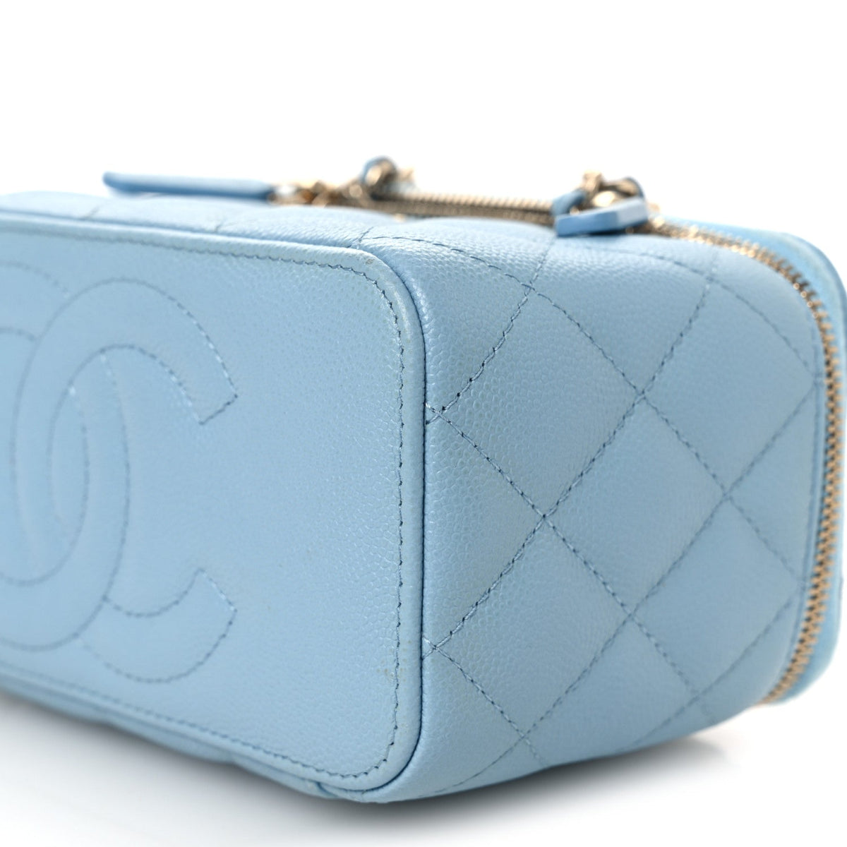 Caviar Quilted Small Tiny CC Vanity Case With Chain Light Blue