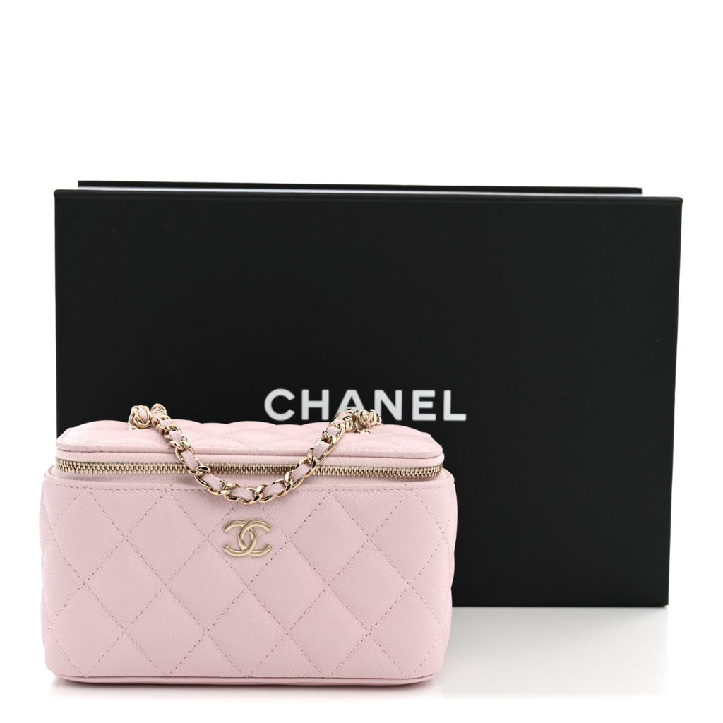 Caviar Quilted Small Tiny CC Vanity Case With Chain Light Pink